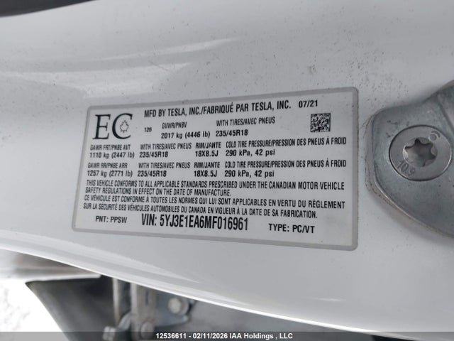 5YJ3E1EA6MF016961 Tesla Model 3 Standard Range/standard Range Plus
