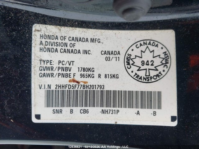 12536621 :رقم المزاد ، 2HHFD5F77BH201793 vin ، 2011 Acura Csx مزاد بيع
