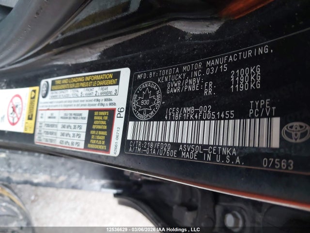 2015 Toyota Camry მანქანა იყიდება აუქციონზე, vin: 4T1BF1FK4FU051455, აუქციონის ნომერი: 12536629