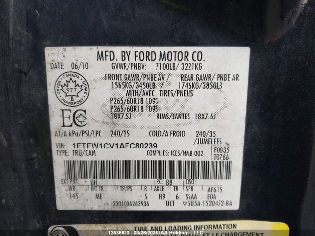 2010 Ford F-150 Harley-davidson/lariat/xlt მანქანა იყიდება აუქციონზე, vin: 1FTFW1CV1AFC80239, აუქციონის ნომერი: 12536630