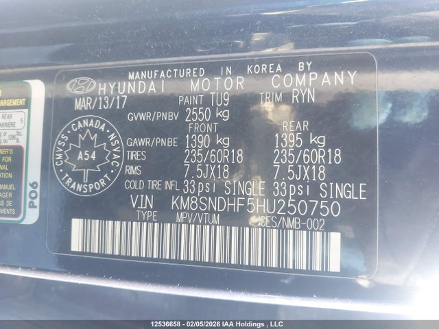 KM8SNDHF5HU250750 Hyundai Santa Fe Se/limited