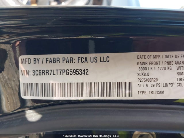 12536660 :رقم المزاد ، 3C6RR7LT7PG595342 vin ، 2023 Ram 1500 Classic Slt مزاد بيع