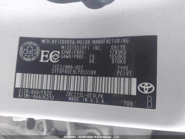 2020 Toyota Corolla Le მანქანა იყიდება აუქციონზე, vin: 5YFBPRBE9LP055588, აუქციონის ნომერი: 12536661
