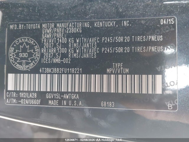 4T3BK3BB2FU118221 Toyota Venza Base V6
