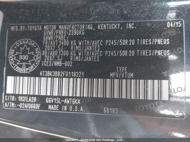 4T3BK3BB2FU118221 Toyota Venza Base V6