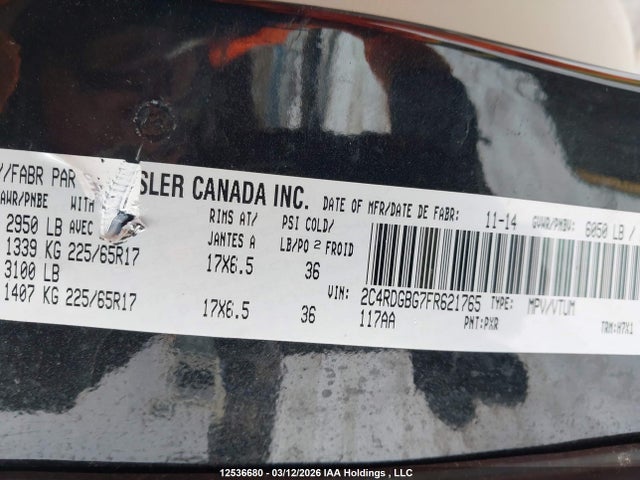 Продаж на аукціоні авто 2015 Dodge Grand Caravan Se/sxt, vin: 2C4RDGBG7FR621765, номер лоту: 12536680