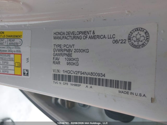 1HGCV2F94NA800934 Honda Accord Touring