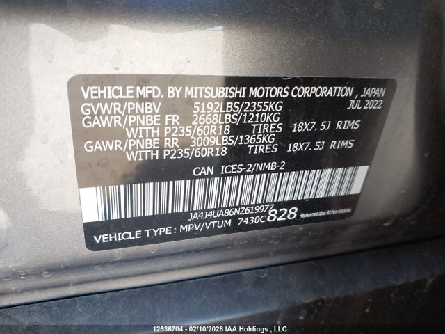 JA4J4UA86NZ619977 Mitsubishi Outlander Le/le Premium/se/sel