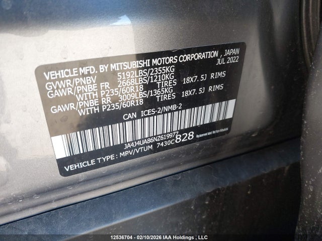 JA4J4UA86NZ619977 Mitsubishi Outlander Le/le Premium/se/sel