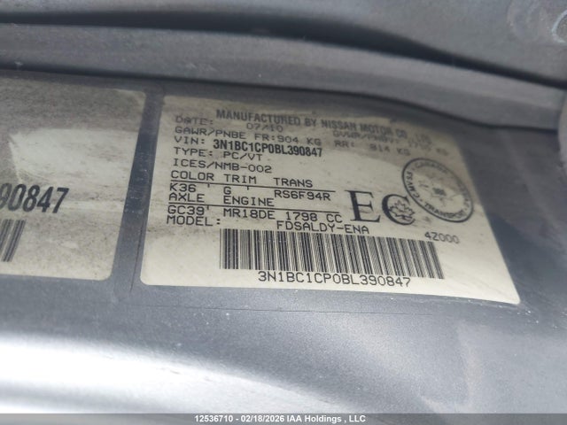 Продаж на аукціоні авто 2011 Nissan Versa 1.8s, vin: 3N1BC1CP0BL390847, номер лоту: 12536710