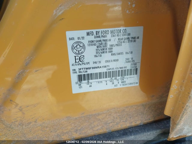 Aukcja sprzedaży 2022 Ford Maverick Lariat, vin: 3FTTW8F98NRA15871, numer aukcji: 12536712