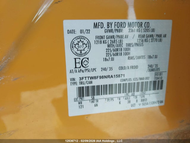 Aukcja sprzedaży 2022 Ford Maverick Lariat, vin: 3FTTW8F98NRA15871, numer aukcji: 12536712