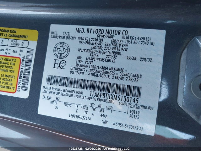 12536728 :رقم المزاد ، 1FA6P8THXM5130145 vin ، 2021 Ford Mustang Ecoboost مزاد بيع