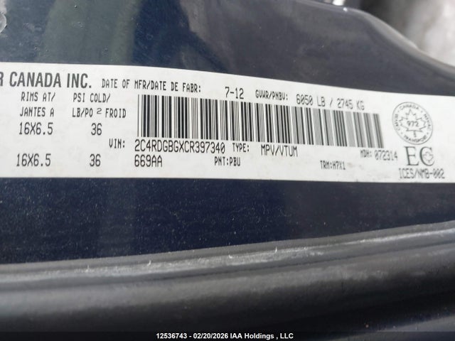 2012 Dodge Grand Caravan Se მანქანა იყიდება აუქციონზე, vin: 2C4RDGBGXCR397340, აუქციონის ნომერი: 12536743