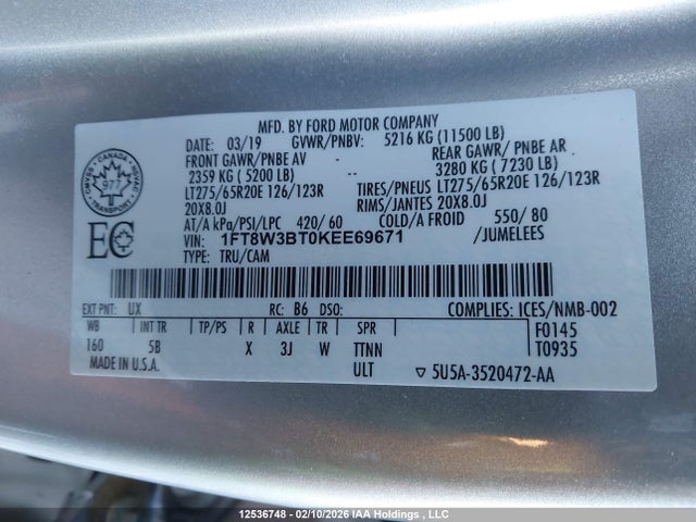 Aukcja sprzedaży 2019 Ford F-350 Lariat, vin: 1FT8W3BT0KEE69671, numer aukcji: 12536748