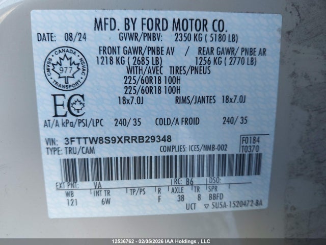 12536762 :رقم المزاد ، 3FTTW8S9XRRB29348 vin ، 2024 Ford Maverick Lariat مزاد بيع