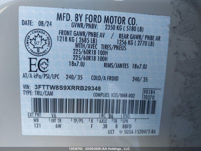 12536762 :رقم المزاد ، 3FTTW8S9XRRB29348 vin ، 2024 Ford Maverick Lariat مزاد بيع