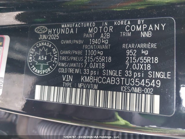 Продаж на аукціоні авто 2026 Hyundai Kona Preferred, vin: KM8HCCAB3TU354549, номер лоту: 12536767