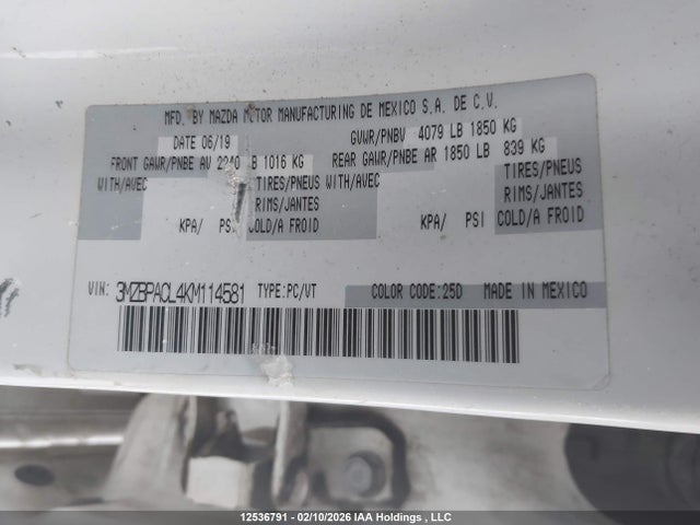 Продажа на аукционе авто 2019 Mazda Mazda3 Gs, vin: 3MZBPACL4KM114581, номер лота: 12536791