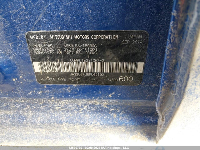 Aukcja sprzedaży 2015 Mitsubishi Lancer Gt/se, vin: JA32U2FU8FU601921, numer aukcji: 12536792