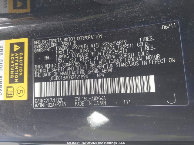 Aukcja sprzedaży 2011 Lexus Rx 450, vin: JTJBC1BA0B2421894, numer aukcji: 12536821