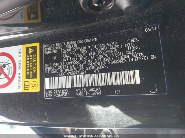 Aukcja sprzedaży 2011 Lexus Rx 450, vin: JTJBC1BA0B2421894, numer aukcji: 12536821