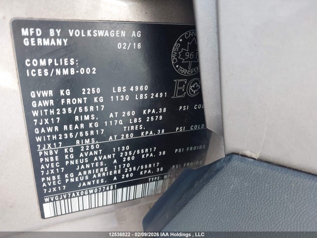 WVGJV7AX0GW077481 Volkswagen Tiguan Comfort/high/r-line/sp Ed