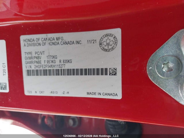 Aukcja sprzedaży 2022 Honda Civic Sport, vin: 2HGFE2F54NH115277, numer aukcji: 12536866