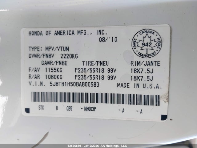 Aukcja sprzedaży 2011 Acura Rdx, vin: 5J8TB1H50BA800583, numer aukcji: 12536880