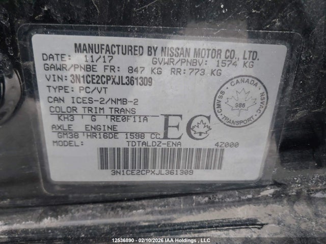 3N1CE2CPXJL361309 Nissan Versa Note S/sr/sv