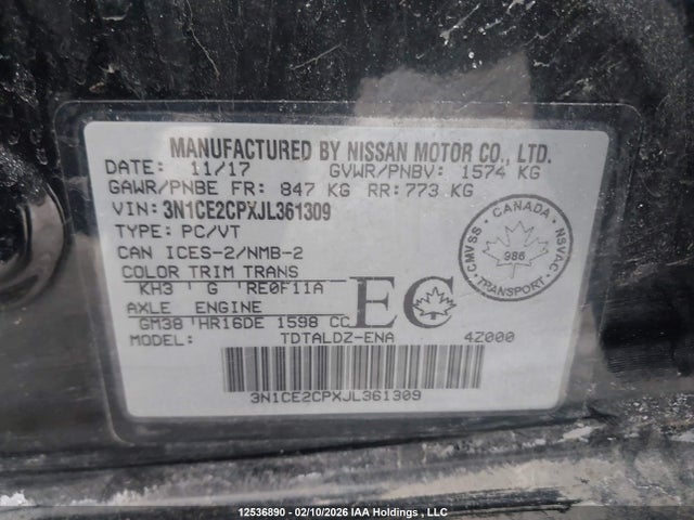 3N1CE2CPXJL361309 Nissan Versa Note S/sr/sv
