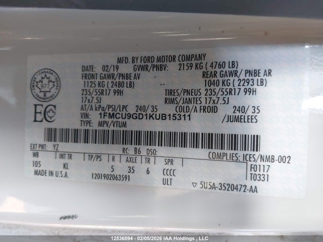 1FMCU9GD1KUB15311 Ford ESCAPE SE
