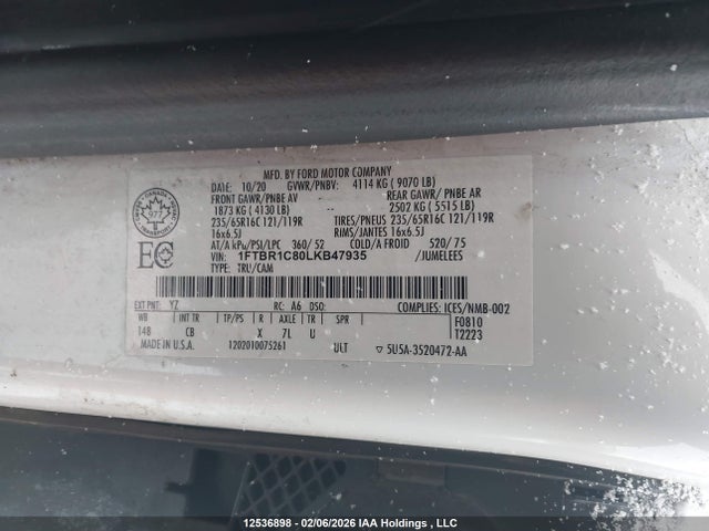 Aukcja sprzedaży 2020 Ford Transit T-250, vin: 1FTBR1C80LKB47935, numer aukcji: 12536898