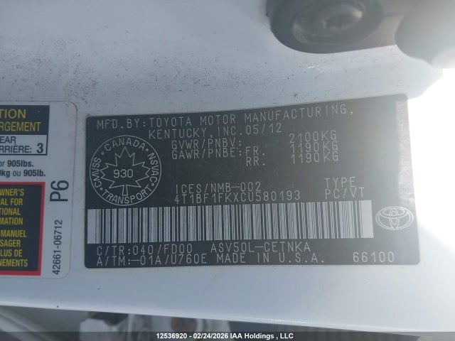 2012 Toyota Camry მანქანა იყიდება აუქციონზე, vin: 4T1BF1FKXCU580193, აუქციონის ნომერი: 12536920