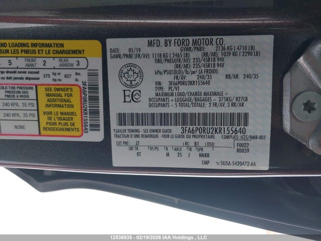 3FA6P0RU2KR155640 Ford Fusion Hybrid Titanium