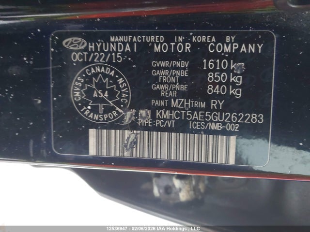 KMHCT5AE5GU262283 Hyundai ACCENT SE