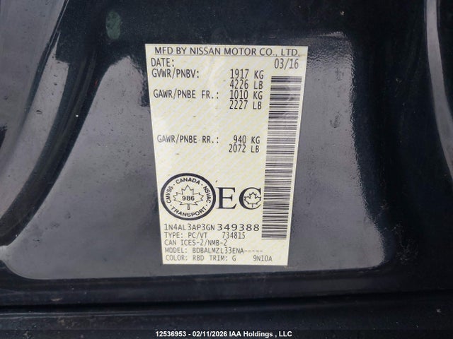 1N4AL3AP3GN349388 Nissan Altima 2.5/s/sv/sl/sr