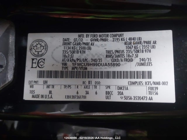 2013 Ford Escape Sel მანქანა იყიდება აუქციონზე, vin: 1FMCU9H99DUA55890, აუქციონის ნომერი: 12536956