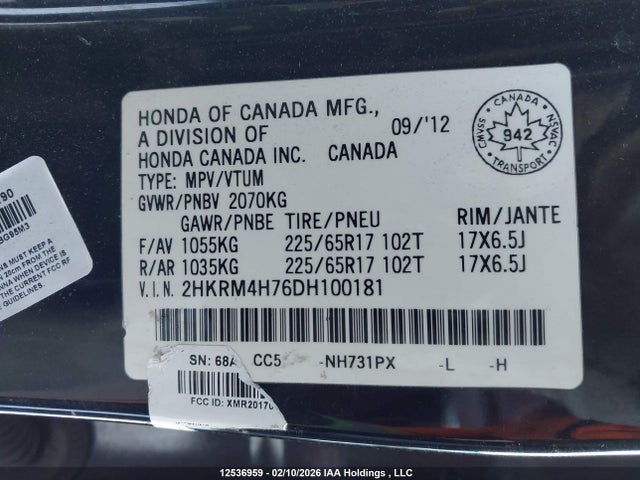12536959 :رقم المزاد ، 2HKRM4H76DH100181 vin ، 2013 Honda Cr-v مزاد بيع