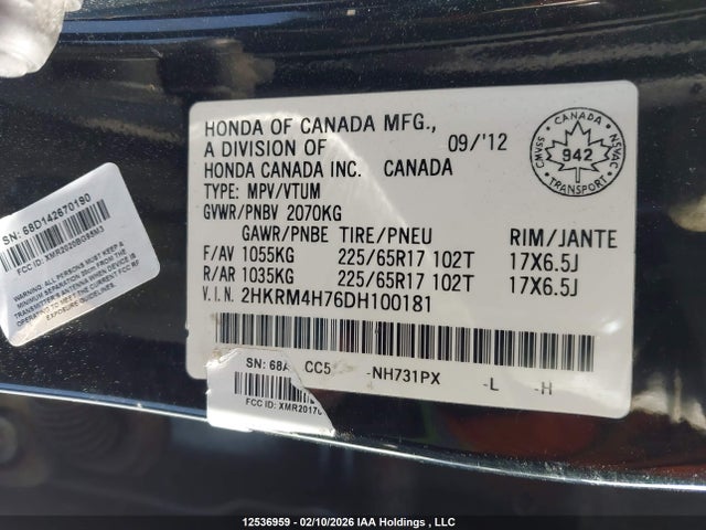 12536959 :رقم المزاد ، 2HKRM4H76DH100181 vin ، 2013 Honda Cr-v مزاد بيع