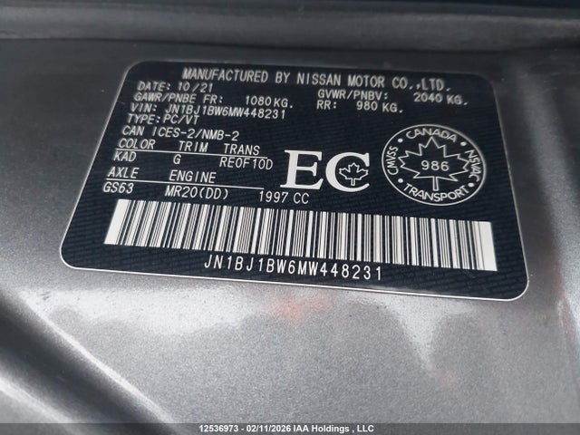 JN1BJ1BW6MW448231 Nissan Qashqai S/sl/sv
