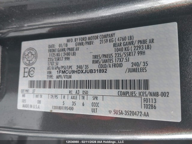 1FMCU9HDXJUB31892 Ford ESCAPE SEL