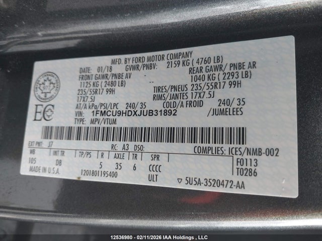 1FMCU9HDXJUB31892 Ford ESCAPE SEL
