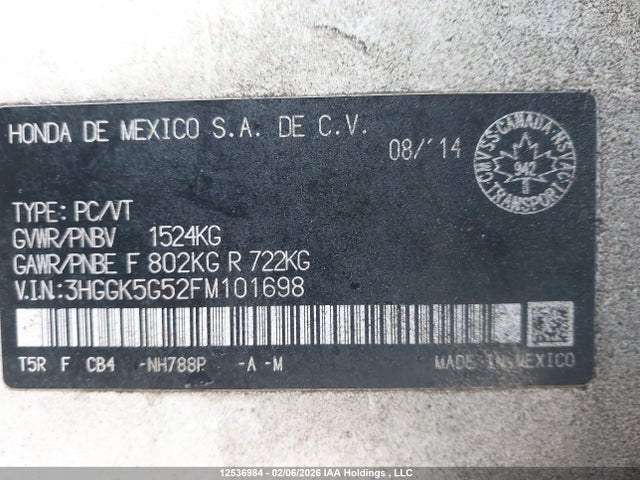 3HGGK5G52FM101698 Honda FIT LX