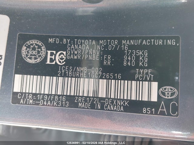2T1BURHE1GC726516 Toyota Corolla L/le/le Pls/prm/s/s Pls