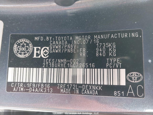 2T1BURHE1GC726516 Toyota Corolla L/le/le Pls/prm/s/s Pls