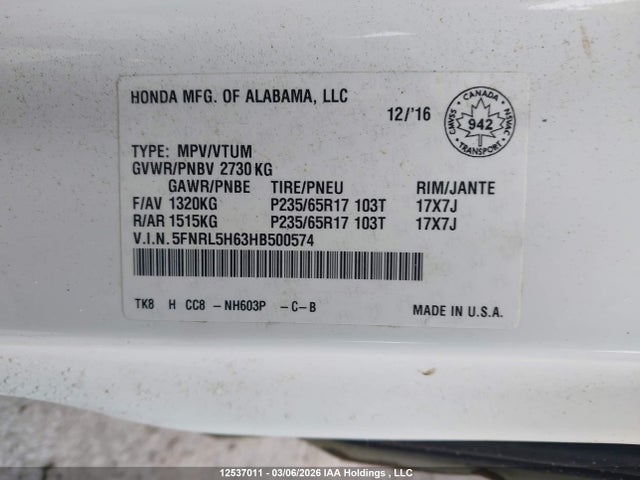 5FNRL5H63HB500574 Honda Odyssey
