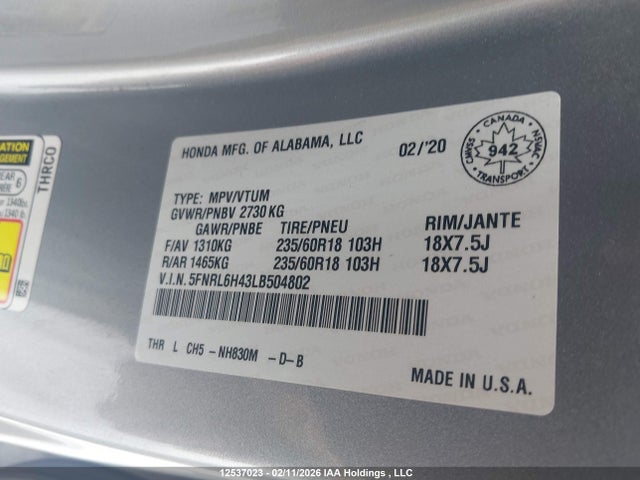 5FNRL6H43LB504802 Honda Odyssey Ex/ex-res
