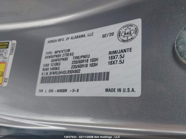 5FNRL6H43LB504802 Honda Odyssey Ex/ex-res