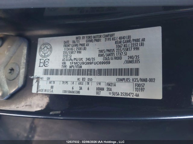 2015 Ford Escape Se მანქანა იყიდება აუქციონზე, vin: 1FMCU9G99FUC69959, აუქციონის ნომერი: 12537032